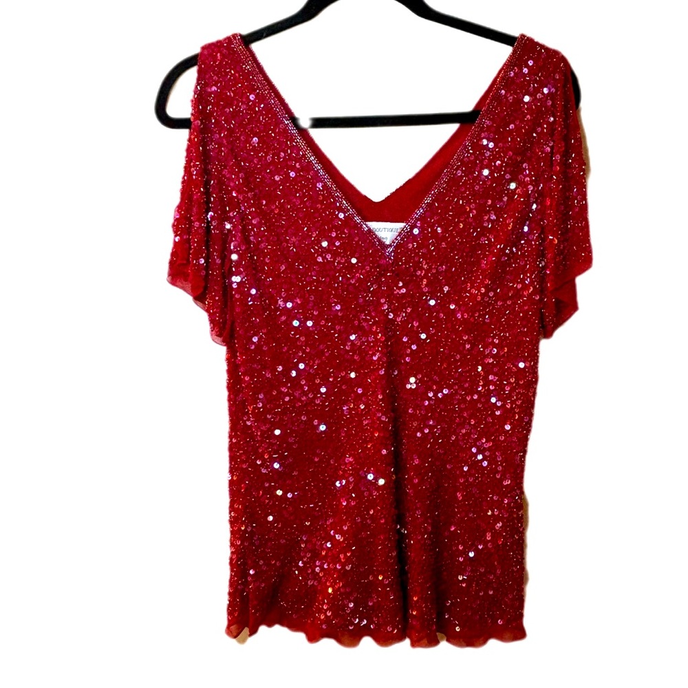 Papell botique evening red sequined top silk dressy formal xl